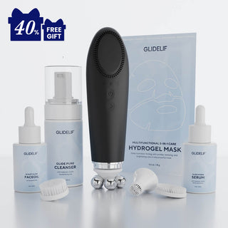 GlideLif skincare product set with black device, bottles, and packaging on a light gray background.