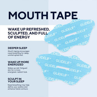 Blue mouth tape with Glidelif branding on a light blue background, featuring text about its benefits.