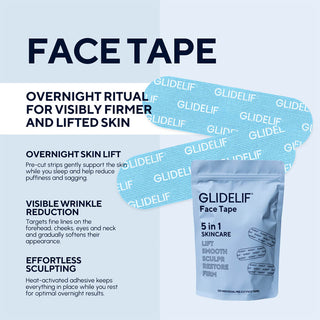 Glidelif face tape packaging with product description on a light blue background