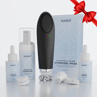 GlideLif skincare product set with black device, bottles, and mask on a white background