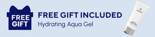 Promotional banner for hydrating aqua gel with a free gift offer on a blue background.