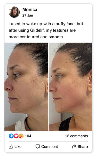Before and after comparison of a woman's face with text about using Glidelif, facebook review about Glidelif Multi-Sculpt Wand