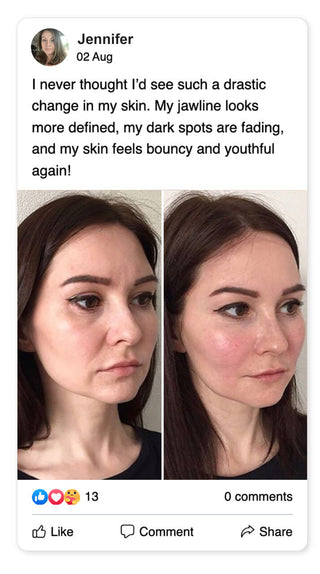 Before and after comparison of a woman's face with text from Jennifer, facebook review about Glidelif Multi-Sculpt Wand